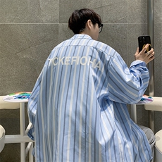 条纹衬衫男长袖日系复古宽松休闲衬衣学生痞帅百搭外套潮RC92-p40，男装衬衫，星座1008