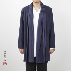 风男装中长款汉服风衣外套棉麻围巾领开衫汉服外套F002P95,皮肤 围巾搭配什么颜色图片