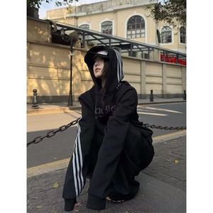 直筒型外套美式三条杠连帽黑色卫衣男女春季开衫日常潮青少年2025,男装针织衫/毛衣,星座506A