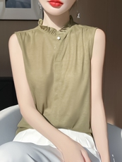 无袖女夏季木耳领袖衫宽松简约百搭纯色女上衣，女装针织衫/毛衣，绒宛羊绒