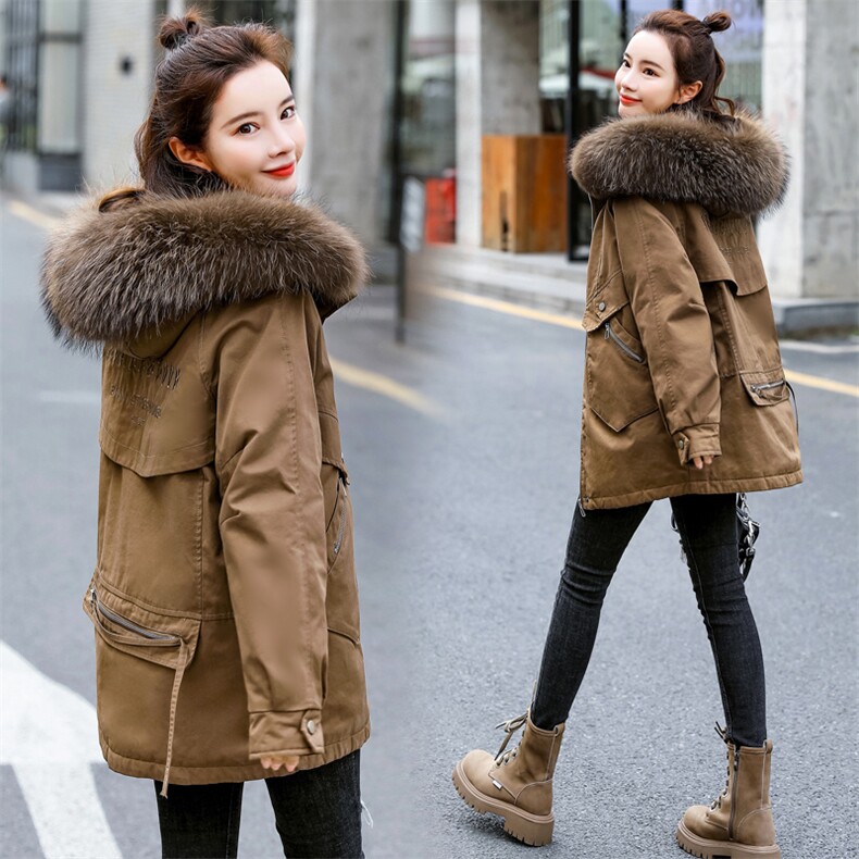 棉衣/棉服2021新款冬兔毛中长款工装带帽棉服女外套配毛领，女装派克服，瑶迪依秀