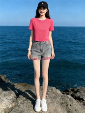 韩版休闲时尚套装女夏新款玫红色圆领短袖上衣破洞牛仔短裤两件套，女装套装/套裙，江南