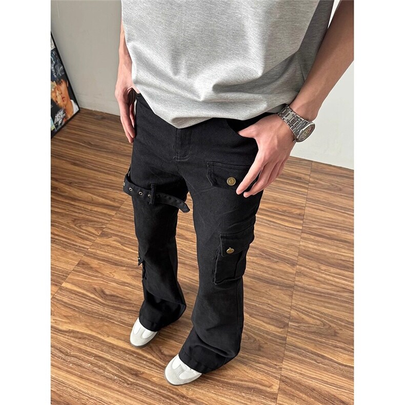 夏季白色绑带微喇牛仔裤男cleanfit美式高街vibe喇叭,男装牛仔裤,星座218-1（原230）