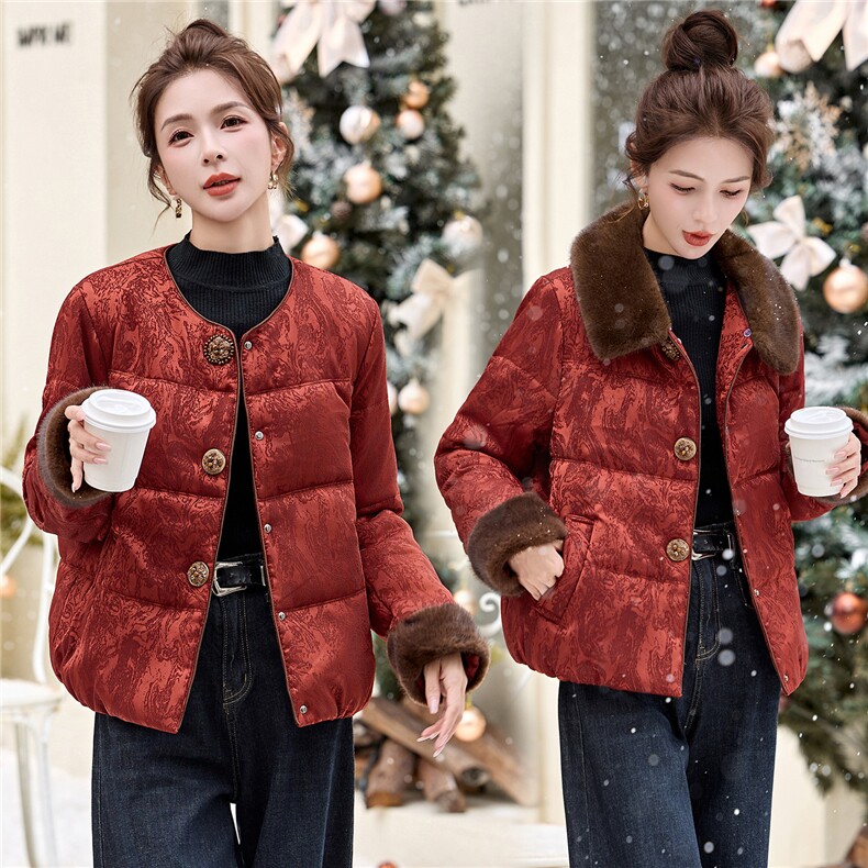 现货！毛领可脱卸中式圣诞红羽绒棉加厚小个子女式棉衣棉服外套,女装棉衣/棉服,木橙西子