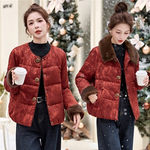 现货！毛领可脱卸中式圣诞红羽绒棉加厚小个子女式棉衣棉服外套图片