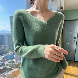 秋冬新款纯色V领衫女套头提花毛衣100羊毛针织减龄百搭打底衫图片