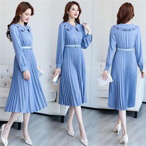 百褶连衣裙纯色通勤高腰套头A字裙长袖淑女2021年春季,女装连衣裙,铭街依杨