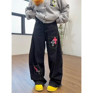 美式大码复古十字架刺绣弯刀牛仔裤男女高街宽松阔腿多口袋长裤潮图片