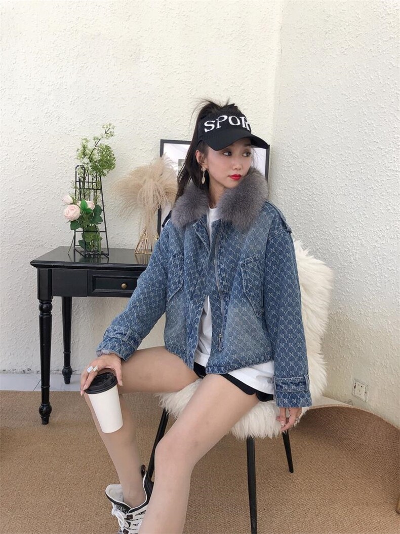 爆版欧货老花牛仔外套爆版狐狸毛，其它，金地雪