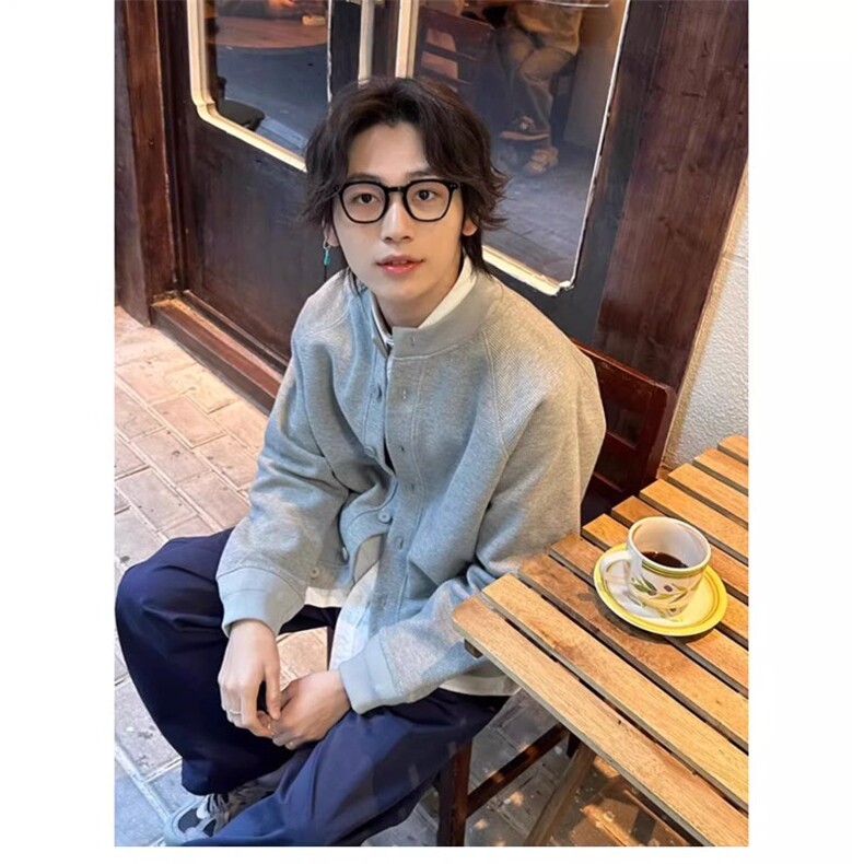 日系复古重磅华夫格开衫卫衣春秋季中性风亨利领格雷系外套男装潮,女装短外套,四季星座505