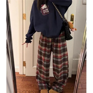 加厚格子休闲裤女秋冬松紧腰阔腿裤遛弯裤毛呢格纹长裤 K2015图片