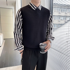秋冬季假两件针织衫毛衣男修身条纹衬衫领拼接上衣B261-M05-P85，男装针织衫/毛衣，电商D323（原B261）