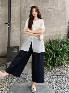 慵懒风薄纱拼接T恤套装女2025夏新款设计感宽松休闲阔腿裤两件套图片