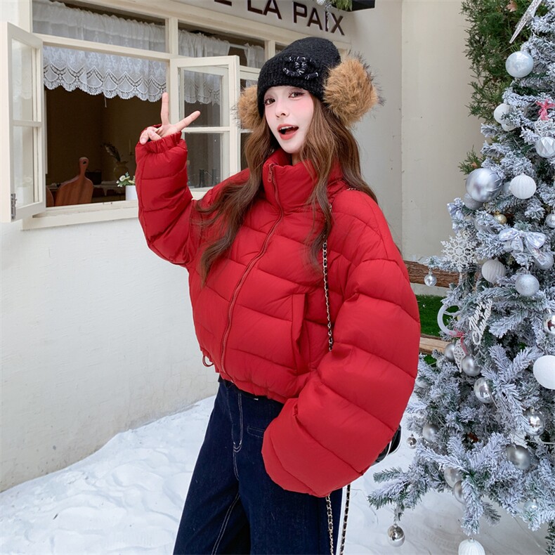 红色立领短款两面穿羽绒服女冬季超火好看高级小众加厚面包服外套,女装短外套,2B183