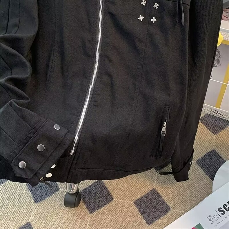 美式复古高街黑色牛仔外套男春秋季设计感小众潮牌夹克JK11/P80,男装工装外套,星座506B
