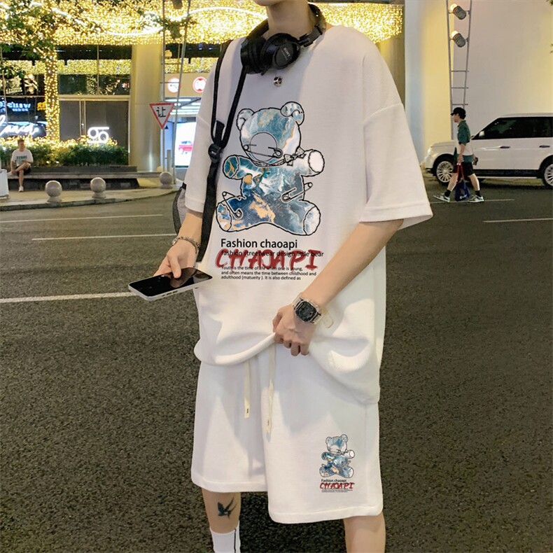 ！直播推荐2024夏季男士小熊印花华夫格短袖套装HTZ21P50,男装T恤,电商B220