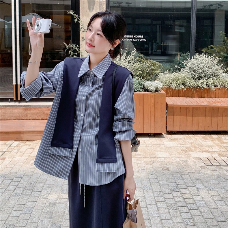 通勤可脱卸披肩条纹衬衫半身裙套装女秋季2025清新松弛感淡人套装,女装套装/套裙,2C227