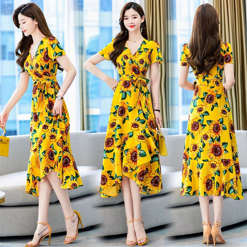 2025夏季新款向日葵花朵黄色连衣裙女不规则茶歇法式雪纺桔梗长裙，女装连衣裙，海爱依仁