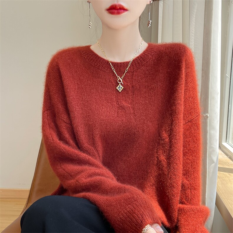 超软糯~山羊绒真丝衫女士中厚宽松麻花圆领桑蚕丝慵懒毛衣秋冬,女装羊绒衫,多娇羊绒