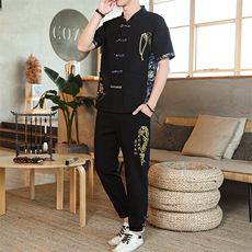 夏季套装风男刺绣棉麻复古宽松大码汉服，男装休闲套装，星座1206（原A206）