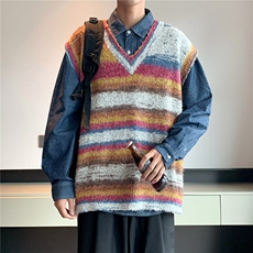 小香风复古渐变条纹V领针织马甲男春秋新款休闲套头背心毛衣，男装背心/马甲，星座1013