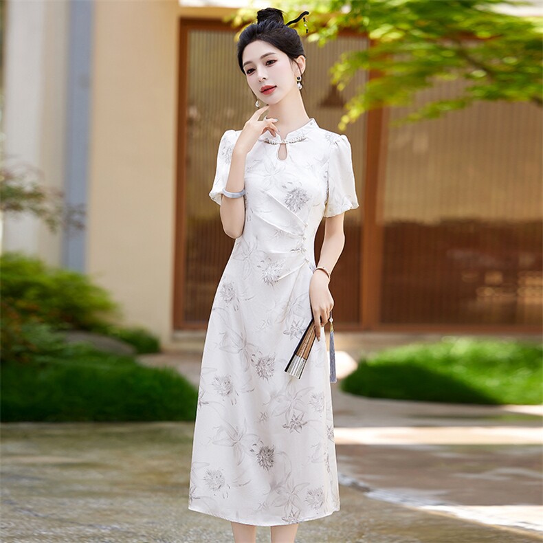 2024年夏季新中式改良旗袍连衣裙新款高级感收腰气质,女装连衣裙,盈茜