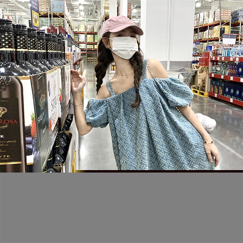 渐变色提花一字肩吊带牛仔连衣裙女夏新款法式独特漂亮小个子裙子图片