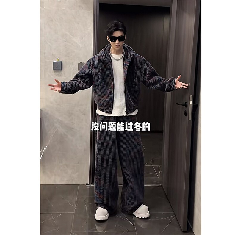 抖音加绒加厚针织连帽卫衣阔腿裤套装上衣P128裤子P95(网图,男装休闲套装,电商B267