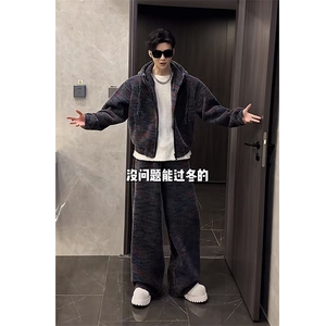 抖音加绒加厚针织连帽卫衣阔腿裤套装上衣P128裤子P95(网图,深卡其色包包搭配黑色裤子图片