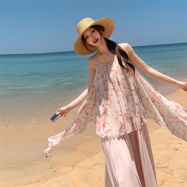 【新款】撞色拼接度假风碎花吊带连衣裙1C128-A216-P135K205图片