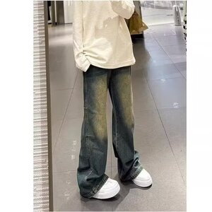 美式复古做旧牛仔裤男秋季潮牌拖地裤子宽松垂感阔腿裤NZ809图片