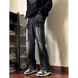 欧美高街vibe裤子ins潮牌毛边拼接工装牛仔裤男美式宽松直筒长裤图片