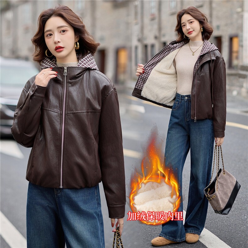 主推皮衣外套女连帽格子拼接上衣2025冬季新款加厚毛皮夹克机车服，女装皮衣，潮流依族