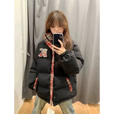 1506-1/M7001图/P92美式复古格子拼接羽绒棉服男女立领棉衣外套，男装棉衣，星座1506-1