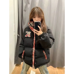 1506-1/M7001图/P92美式复古格子拼接羽绒棉服男女立领棉衣外套图片