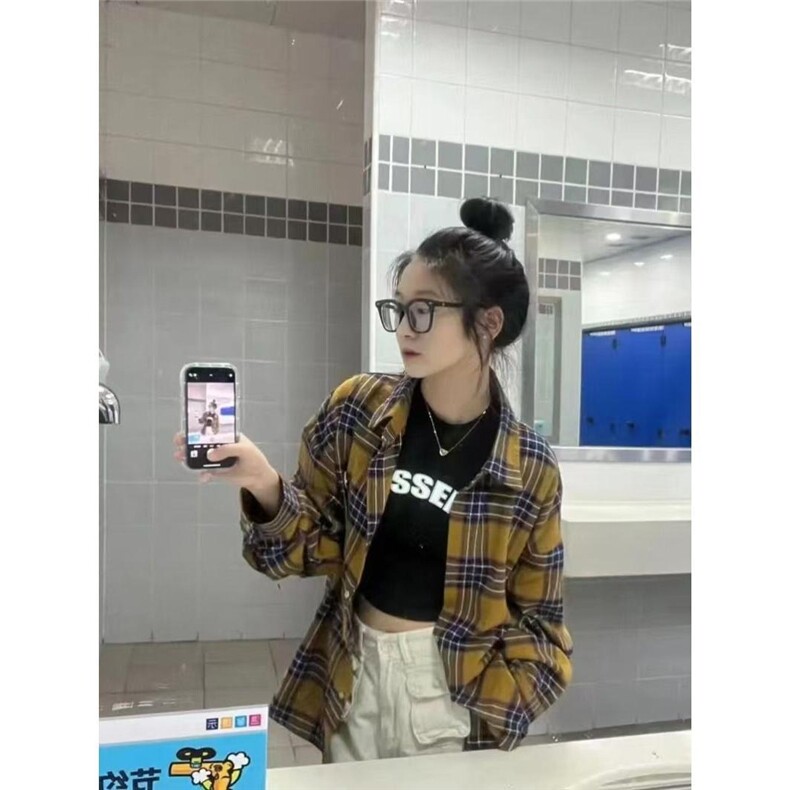 美式复古格子衬衫女春秋季新款长袖休闲外套慵懒风上衣,男装衬衫,星座506A