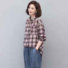 格子衬衫女长袖2025新款春秋季纯棉衬衣中年妈妈小衫上衣，女装衬衫，忆绮罗