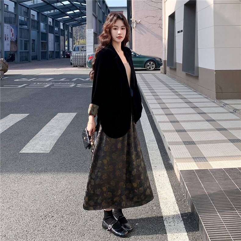 春季丝绒小西装半裙套装两件套C111-2603-P195-K318,女装套装/套裙,2C111