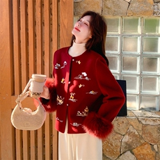 现货新款2183-P390-K569双面羊绒带袖毛狐狸毛可脱，女装双面呢大衣，然然