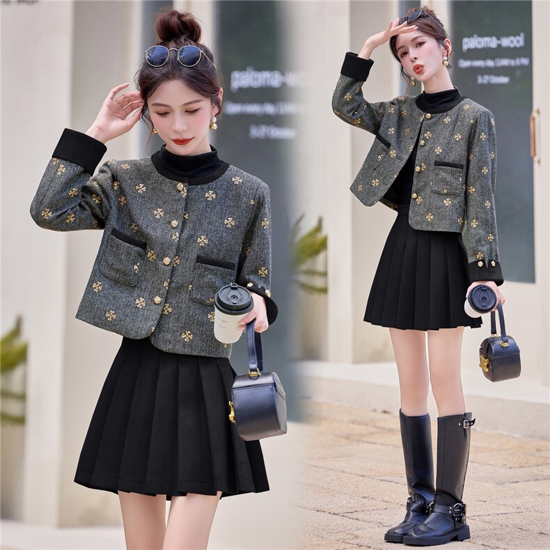 现货小香风套装女2025年新款流行减龄漂亮时尚洋气百褶半裙套装，女装套装/套裙，兰菲阁