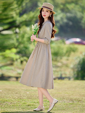 高端纯棉长袖连衣裙中长款2026新款女春秋洋气减龄显瘦格子衬衫裙，女装连衣裙，水衣源