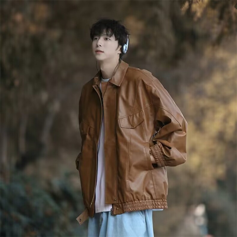 美式复古PU皮外套男女春秋潮牌街头痞帅宽松翻领休闲机车皮衣夹克，男装皮衣，星座1210-1