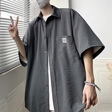 港风夏季短袖冰丝衬衫潮宽松休闲衬衣情侣学生中性日系H225/P35，男装T恤，钱塘713