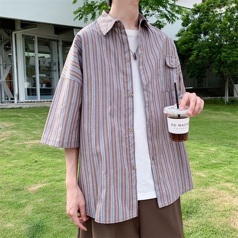 衬衫男短袖日系条纹痞子帅气2023夏季文艺ins宽松外套CY308-P31,男装衬衫,星座412-3