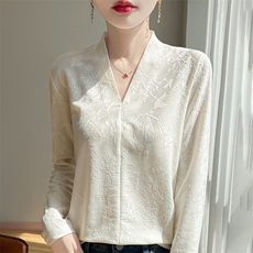 2025春新款衬衣女长袖设计感时尚提花天丝莱塞尔V领宽松长袖上衣，女装衬衫，朝贺羊绒
