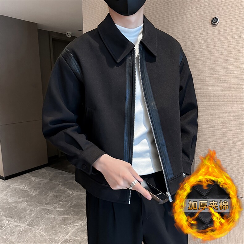 轻熟小伙高端呢子拼皮宽松外套 大衣夹克男A236-JK0812加棉-P140图片
