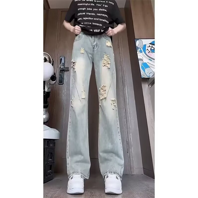 美式复古高街男女破洞设计感显瘦直筒微喇牛仔裤S766P39,男装牛仔裤,星座1112-1