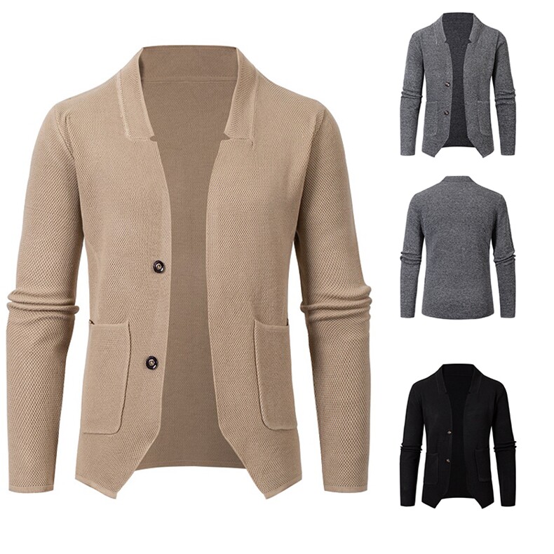 外贸秋季西装领中青年纯色休闲通勤长袖直筒男士针织开衫上衣外套，男装针织衫/毛衣，星座306A