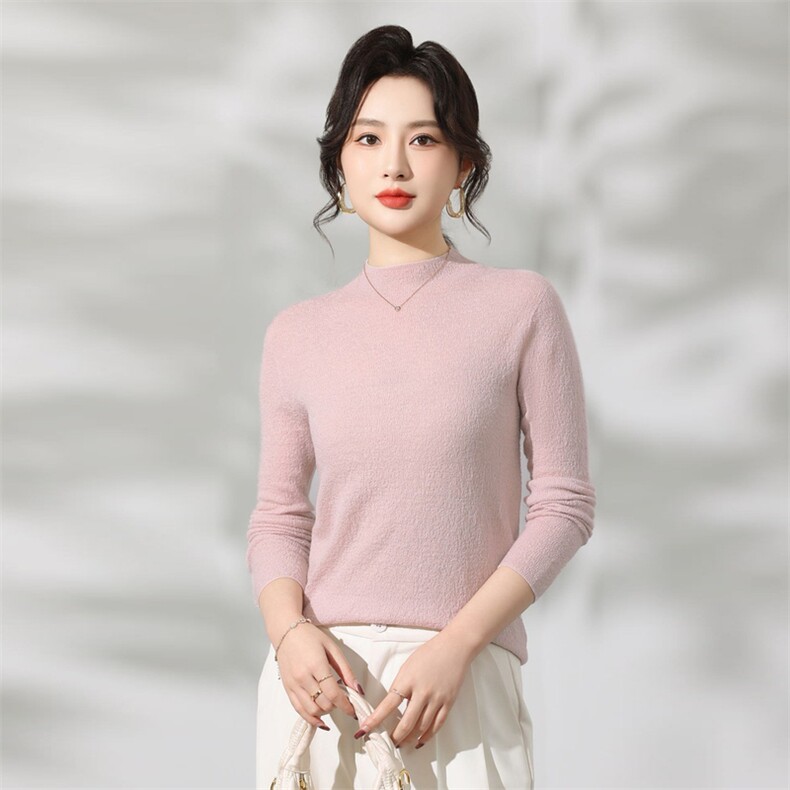100%超细羊毛杨子纱肌理感树皮花扬子半高领长袖,针织衫/毛衣,优麦羊绒（原洪叶羊绒）