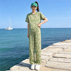 女夏季新款高端时尚花色短袖T恤套装宽松显瘦抽绳阔腿裤两件套潮，女装套装/套裙，江南